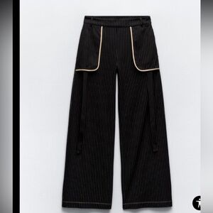 Zara Navy and Tan Pinstripe Trousers Pants - Large